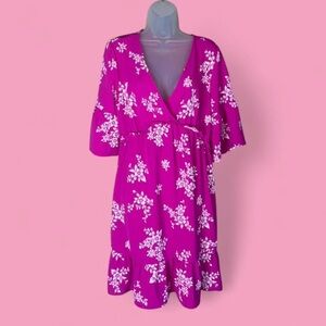 Chloe+Rene Floral Faux Wrap Midi Dress in Fuchsia Pink M